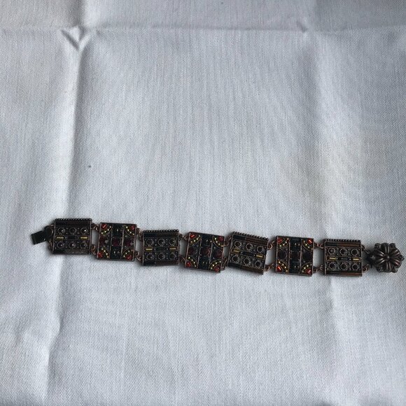 Vintage Copper Tile Link Bracelet w/Faceted Stones - 7" Long - Picture 8 of 16